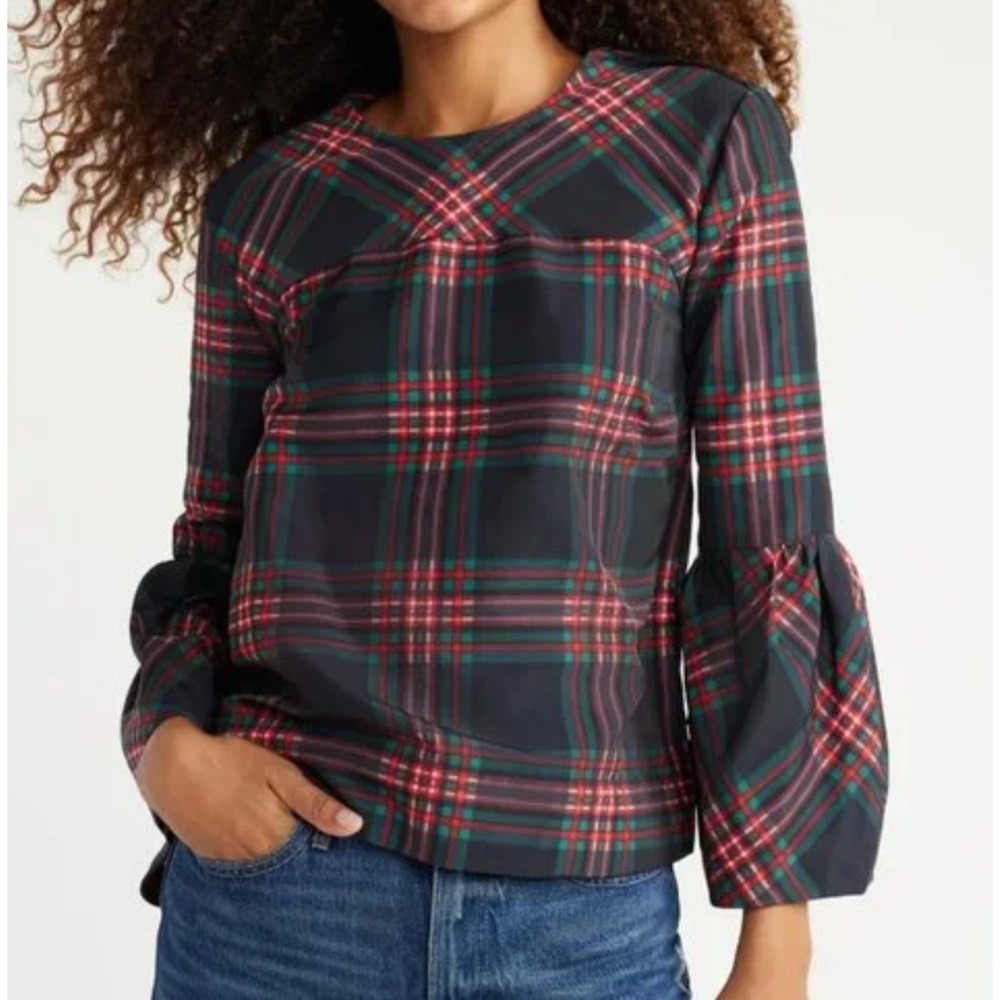 FREE ASSEMBLY Plaid Taffeta Top BELL SLEEVES Christmas Party Vibe RED/GREEN XXXL